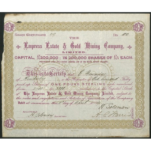 190 - South Africa: Empress Estate & Gold Mining Co. Ltd., £1 shares, 188[9], #29, mauve with gold bor... 