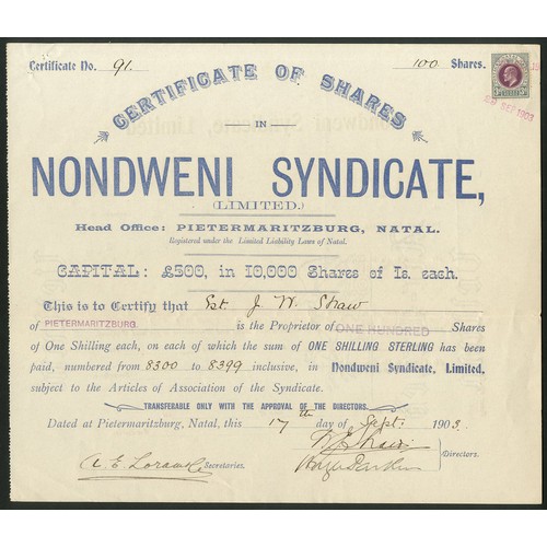 211 - South Africa: Nondweni Syndicate Ltd., 1/- shares, 190[3], #91, blue. GVF.