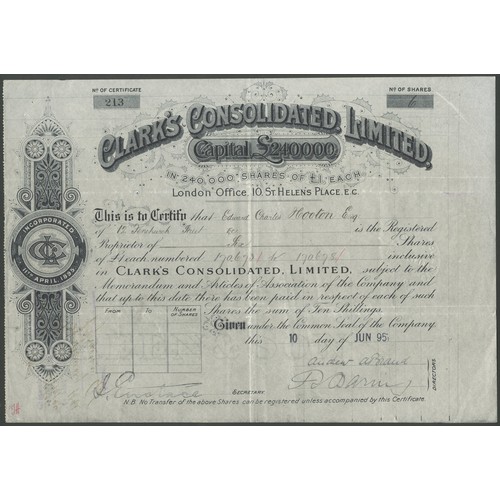 170 - Rhodesia: Clark's Consolidated Limited, £1 shares, 10/- paid, [1895], #213, blue. Registered 11th of... 