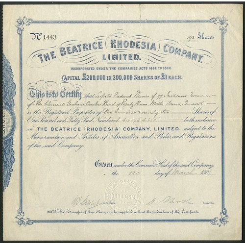 166 - Rhodesia: Beatrice (Rhodesia) Company Limited, £1 shares, 190[1], #1443, blue. Registered 27th Janua... 