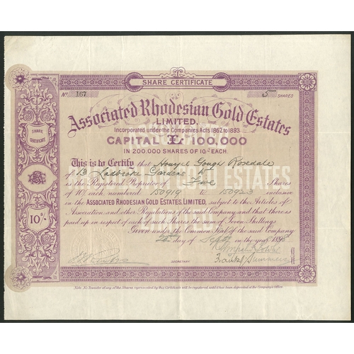 165 - Rhodesia: Associated Rhodesian Gold Estates Limited, 10/- shares, 7/- paid, 189[8], #167, mauve with... 