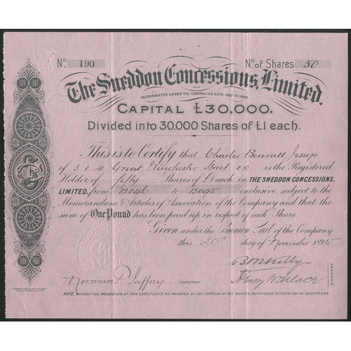 172 - Rhodesia: Sneddon Concessions Limited, £1 shares, 189[5], #190, black on pink paper, printed by Wate... 