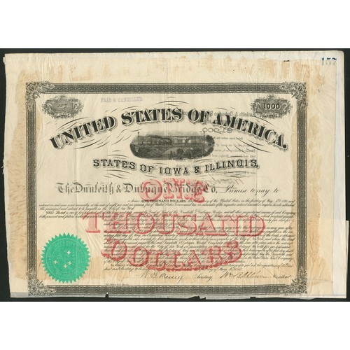 767 - U.S.A.: Dunleith & Dubuque Bridge Company, $1000 bond, 1868, #157, vignette of bridge, black, re... 