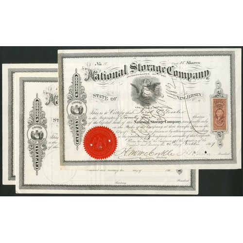 774 - U.S.A.: National Storage Company, $100 shares, 186[7], #18, black, red seal, cancelled. Together wit... 