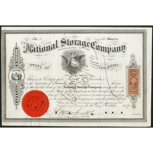 774 - U.S.A.: National Storage Company, $100 shares, 186[7], #18, black, red seal, cancelled. Together wit... 