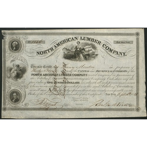 775 - U.S.A.: North American Lumber Company, $100 shares, 18[38], #1556, attractive vignettes, black. Inco... 