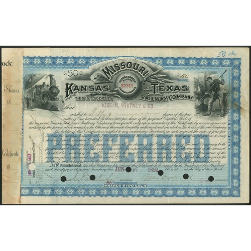 652 - U.S.A.: Missouri, Kansas and Texas Railway Company, a group of 8 different certificates, 18[79]-19[1... 