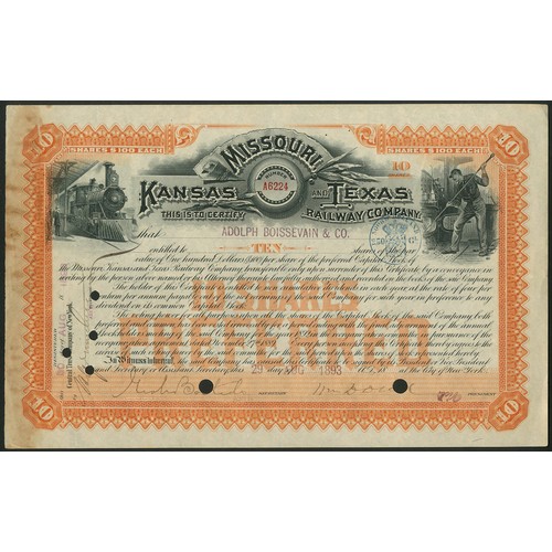 652 - U.S.A.: Missouri, Kansas and Texas Railway Company, a group of 8 different certificates, 18[79]-19[1... 