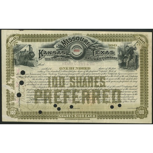 652 - U.S.A.: Missouri, Kansas and Texas Railway Company, a group of 8 different certificates, 18[79]-19[1... 