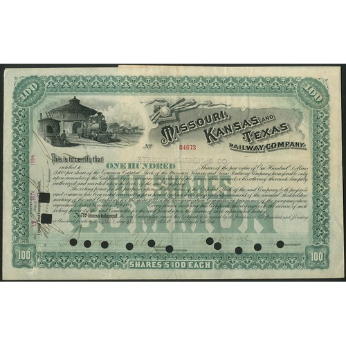 652 - U.S.A.: Missouri, Kansas and Texas Railway Company, a group of 8 different certificates, 18[79]-19[1... 