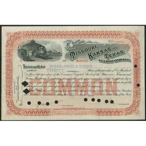 652 - U.S.A.: Missouri, Kansas and Texas Railway Company, a group of 8 different certificates, 18[79]-19[1... 