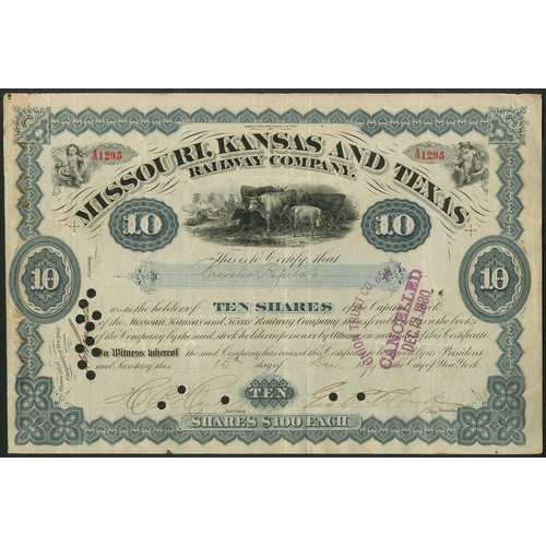 652 - U.S.A.: Missouri, Kansas and Texas Railway Company, a group of 8 different certificates, 18[79]-19[1... 