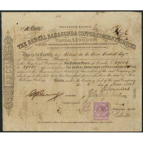 118 - India: Bengal Baragunda Copper Company Limited, 5 preferred shares, 188[3], #A1865. black, toned pap... 