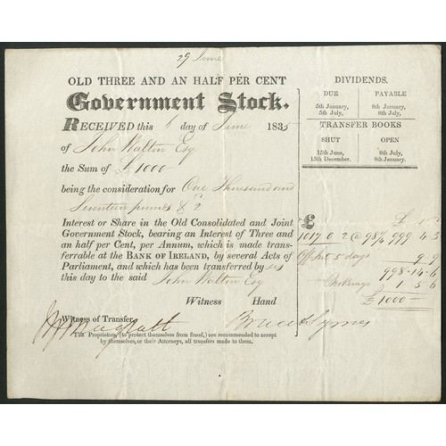 545 - Ireland: Old 3½% Government Stock, an inscribed stock receipt for [£1000], 183[5], transferable at t... 