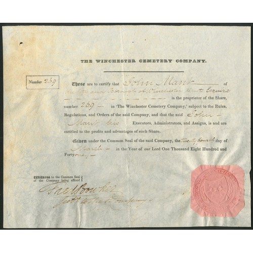 544 - Great Britain: Winchester Cemetery Company, one share, 184[1], #269, black, on vellum, pink paper se... 