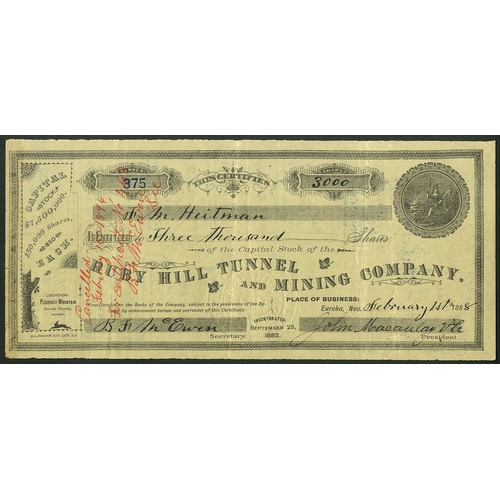 739 - U.S.A.: Ruby Hill Tunnel and Mining Company, $50 shares, Eureka 188[8], #375, black on yellow paper,... 