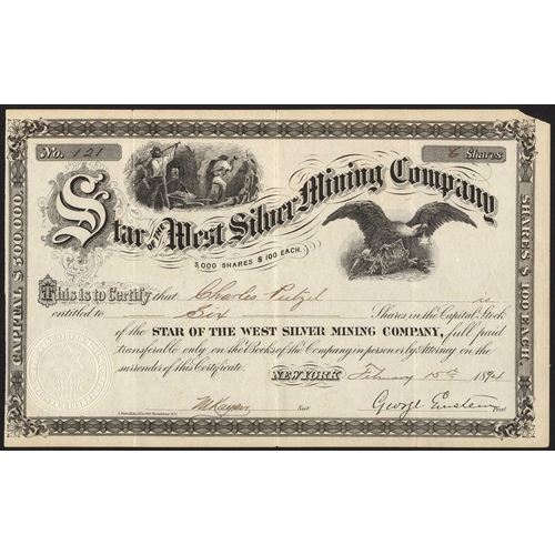 741 - U.S.A.: Star of West Silver Mining Company, $100 shares, 187[94],#121, miners underground, black. Pr... 