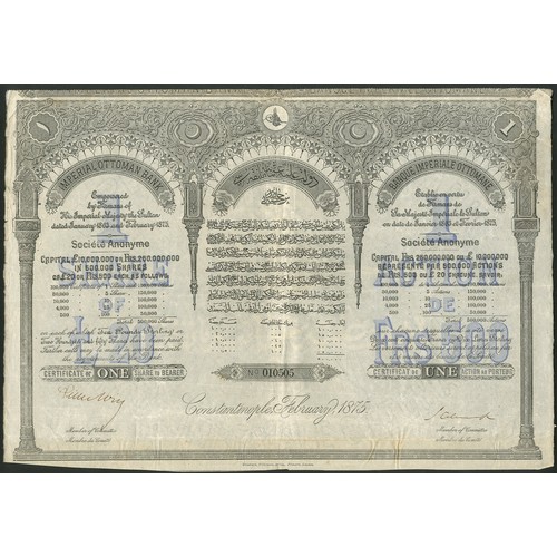 154 - Ottoman Empire: Imperial Ottoman Bank, 1 share to bearer of £20 or 500 francs, Constantinople 1875, ...