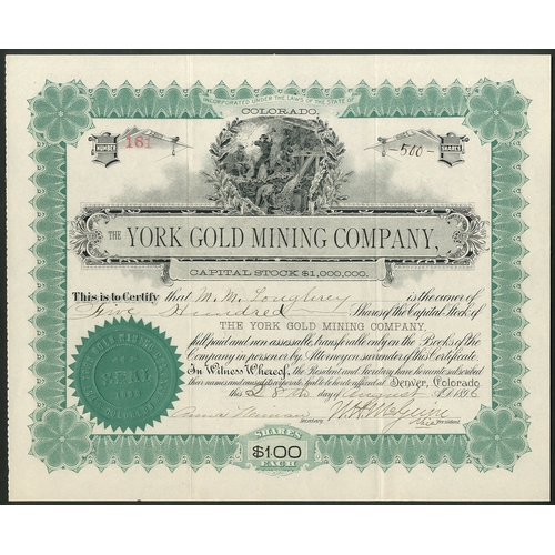 742 - U.S.A.: York Gold Mining Co., $1 shares, 189[6], #161, miners at top, ornate border, black and green... 