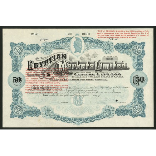 142 - Egypt: Egyptian Markets Limited, bearer warrant for 50 shares of £1, circa 1945, a specimen certific... 