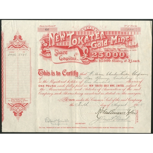 46 - New Zealand: New Tokatea Gold Mine Limited, £1 shares, 19[05], #44, red. Registered 1st June 1905 to... 