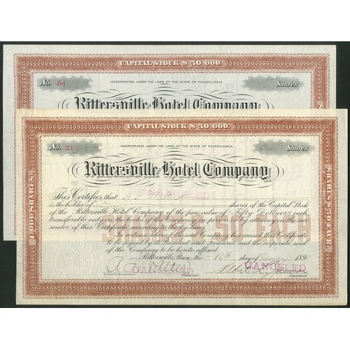 757 - ** U.S.A.: Rittersville Hotel Company, a pair of $50 shares, 189[5], #21 and one unissued #54, brown... 