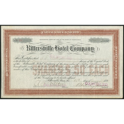 757 - ** U.S.A.: Rittersville Hotel Company, a pair of $50 shares, 189[5], #21 and one unissued #54, brown... 