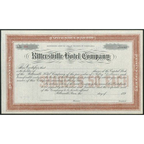 757 - ** U.S.A.: Rittersville Hotel Company, a pair of $50 shares, 189[5], #21 and one unissued #54, brown... 