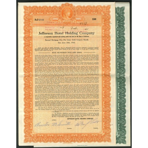 753 - ** U.S.A.: Jefferson Hotel Holding Company, pair of 2nd mortgage gold coupons bonds for $500, #D1141... 