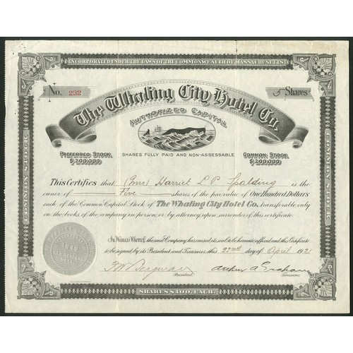 758 - ** U.S.A.: Whaling City Hotel Co., $100 shares, 19[21], #232, decorative border, black. Incorporated... 