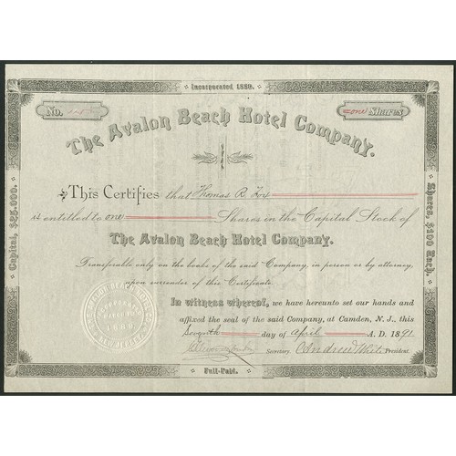 748 - ** U.S.A.: Avalon Beach Hotel Co., $100 shares, 18[91], #115, decorative black printing. Incorporate... 