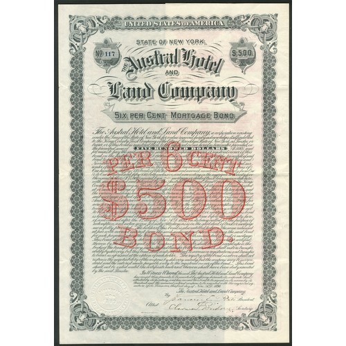 747 - ** U.S.A.: Austral Hotel and Land Co., 6% Mortgage Bond, $500, 1890, #117, ornate border, black, red... 