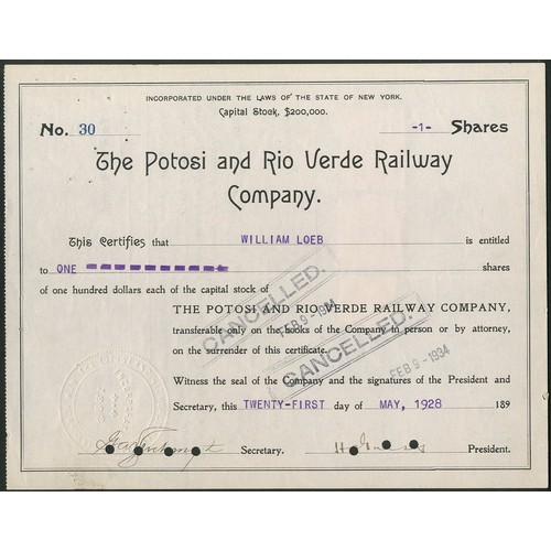 580 - ª Mexico: Potosi and Rio Verde Railway Company, $100 shares, 189[1928], #30, issued to and signed by... 