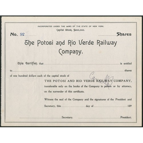 580 - ª Mexico: Potosi and Rio Verde Railway Company, $100 shares, 189[1928], #30, issued to and signed by... 