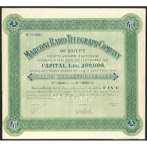 146 - Egypt: Marconi Radio Telegraph Company of Egypt SAE, 5 shares of £4, 1926, #824, large format, green... 