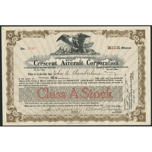 686 - ª U.S.A: Crescent Aircraft Corporation, New Jersey, Class A stock, [1930], #5249, signed by Clarence... 