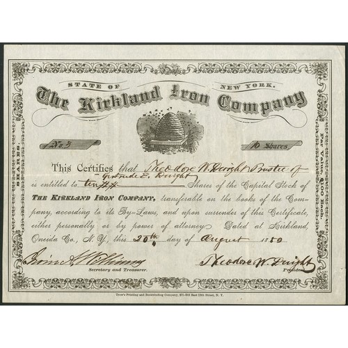 771 - ª U.S.A.: Kirkland Iron Company, $100 shares, 18[89], #3, issued to Theodore W. Dwight and also sign... 