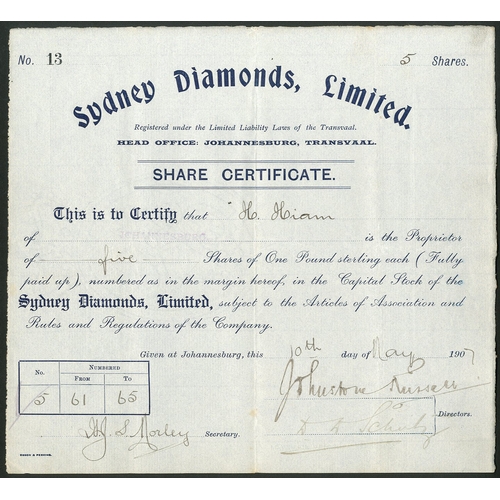 224 - South Africa: Sydney Diamonds Limited, £1 shares, Johannesburg, 190[7], #13, blue on greyish paper. ... 