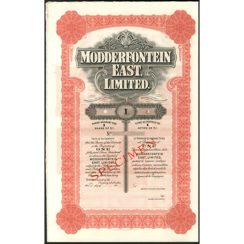 201 - South Africa: Modderfontein East Limited, specimen certificate for 1 share, 19- (circa 1935), printe... 