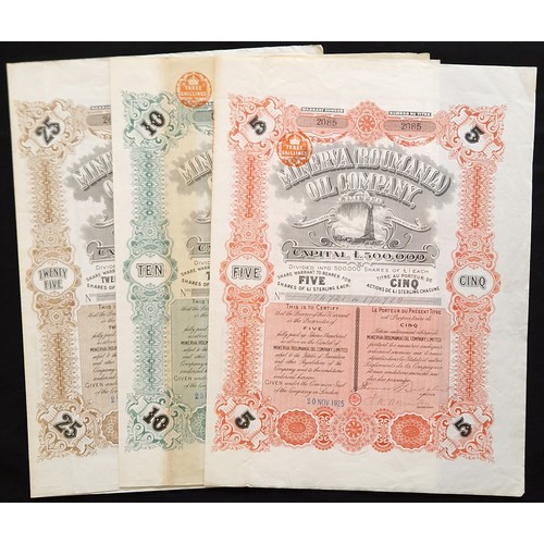 311 - Roumania: Minerva (Roumania) Oil Company Ltd., a set of 3 bearer certificates for 5 shares, [1925], ... 