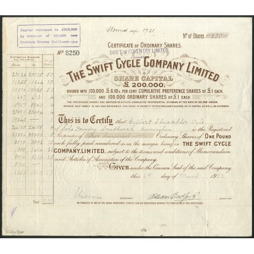 464 - Great Britain: Swift Cycle Company Ltd., £1 ordinary shares, fully paid, 190[2], #969, brown. Togeth... 