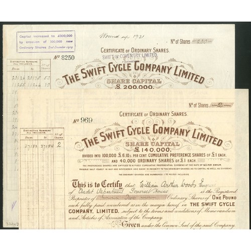 464 - Great Britain: Swift Cycle Company Ltd., £1 ordinary shares, fully paid, 190[2], #969, brown. Togeth... 