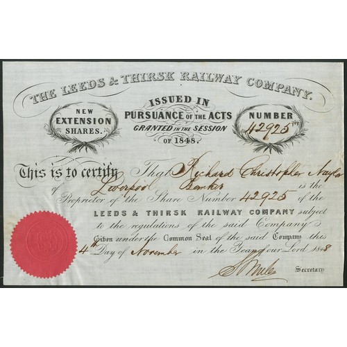 396 - Great Britain: Leeds & Thirsk Railway Co., New Extension Share, 184[8], black printing on waxed ... 