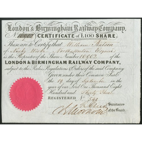 401 - Great Britain: London & Birmingham Railway Co., £100 share, 18[33], #16902, black, red seal. A 1... 