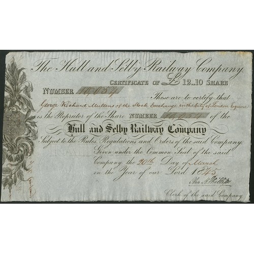 395 - Great Britain: Hull and Selby Railway Co., £12.10 share, 18[45], black with scrollwork at left. Open... 