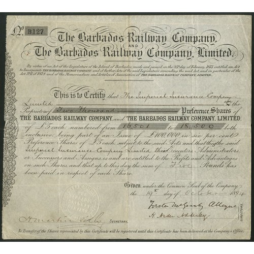 645 - Barbados: Barbados Railway Company and the Barbados Railway Company Ltd., £5 preference shares, 18[8... 