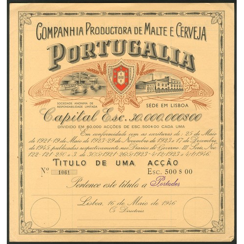 308 - Portugal: Companhia Productora de Malte e Cerveja Portugalia, a group of 3 certificates for 500 escu... 