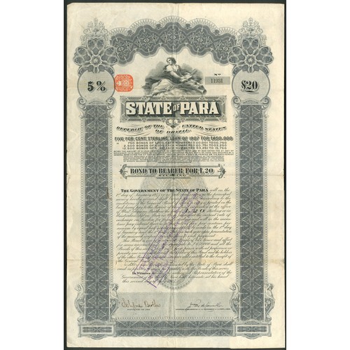 583 - Brazil: State of Para, 5% Sterling Loan of 1907, bond for £20, #11931, large format, purple and blac... 