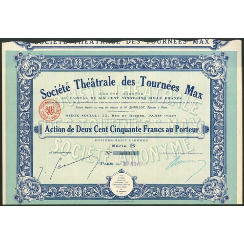 274 - ** France: Société Théâtrale des Tournées Max, 250 franc share, series B, [1927], #2411 of only 1200... 