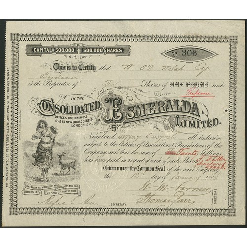 771 - ** U.S.A.: Consolidated Esmeralda Limited, £1 shares, 188[6], vignette lower left, black. This Engli... 